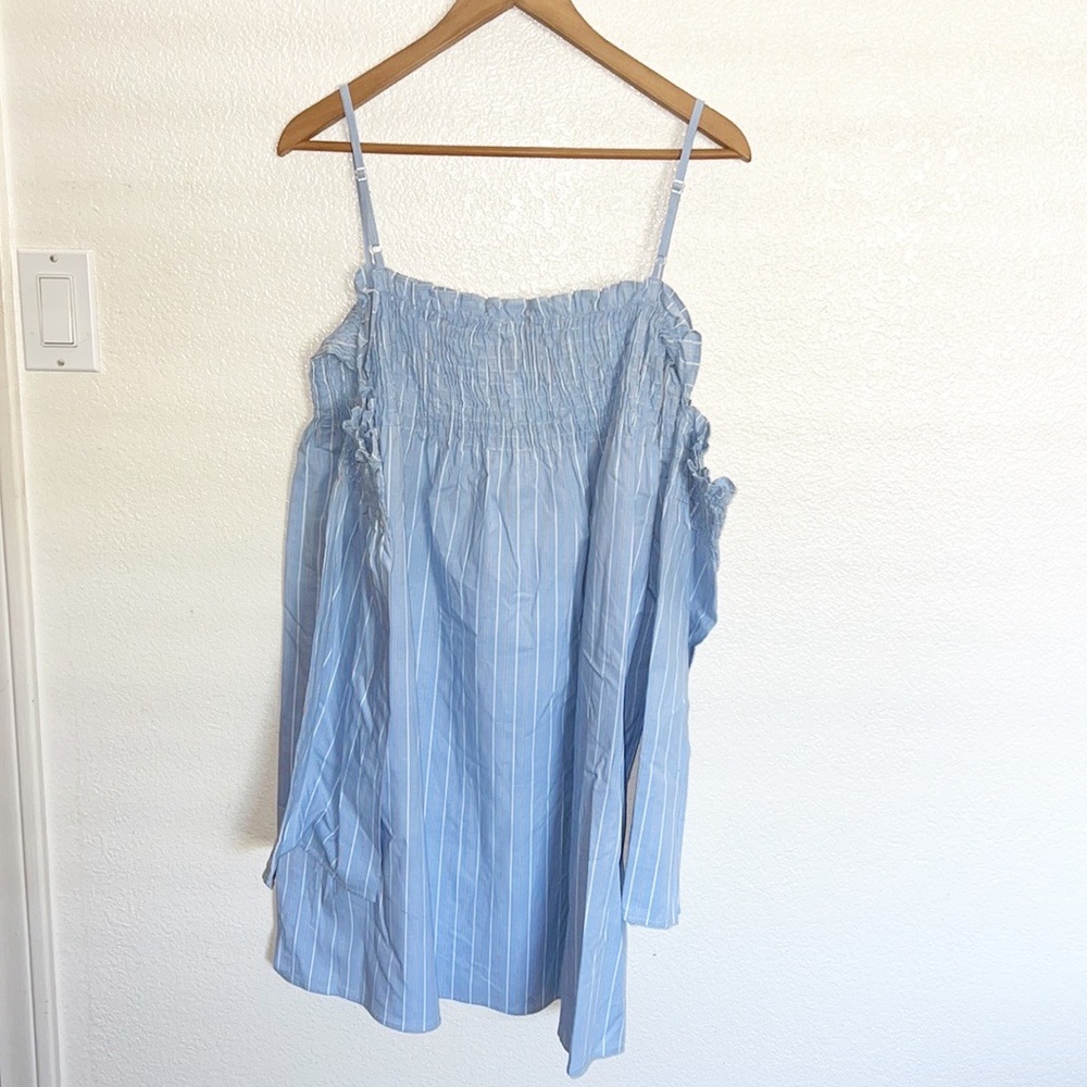 Wrangler Light Blue Striped Cold Shoulder Skinny Strap Long Sleeve Mini Dress - Picture 8 of 9